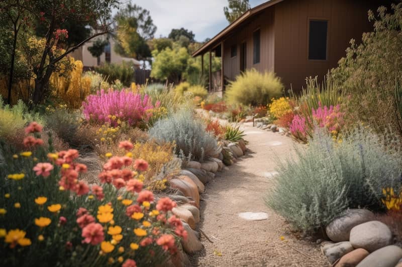 Drought-tolerant native plant garden with colorful blooms and natural textures bordering either side of a winding walkway toward a home.