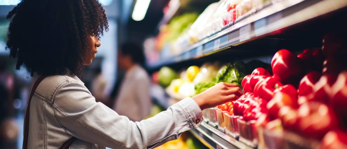 Woman shopping for fresh produce at grocery store.