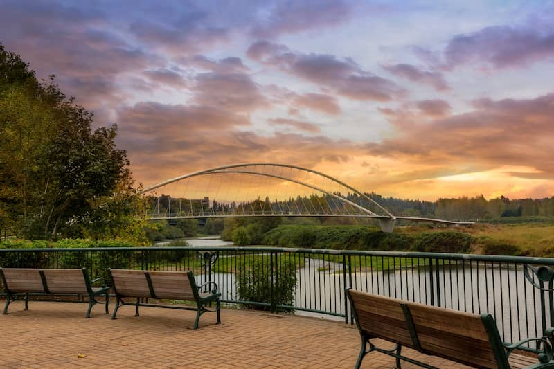 View of a bridge at sunset in Salem, Oregon.