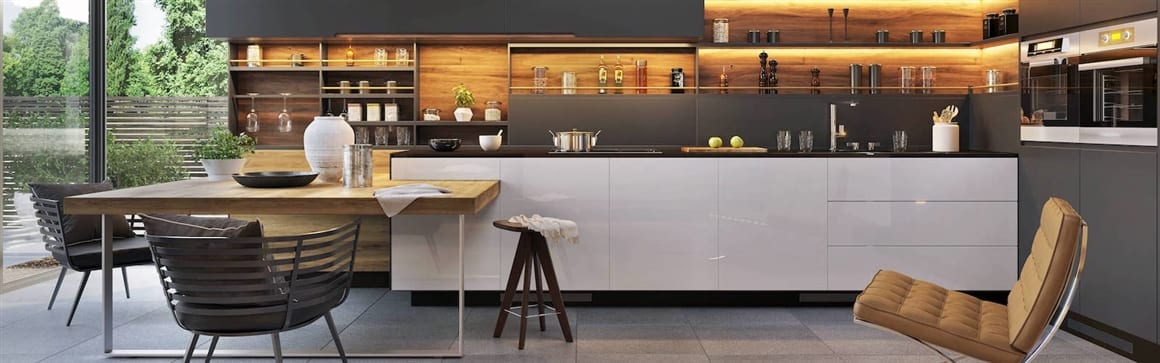 An upscale kitchen with a white island bar and wall shelving, potentially depicting interior design or real estate features.