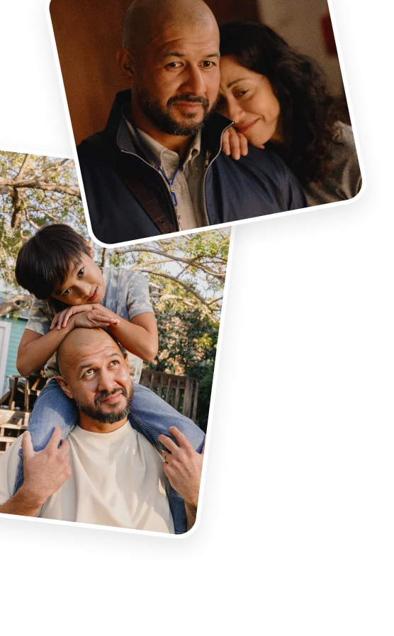 A collage of family photos featuring playful outdoor moments with parents and a child.