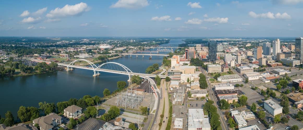 RHB Assets From IGX: Aerial view of Little Rock, Arkansas cityscape.