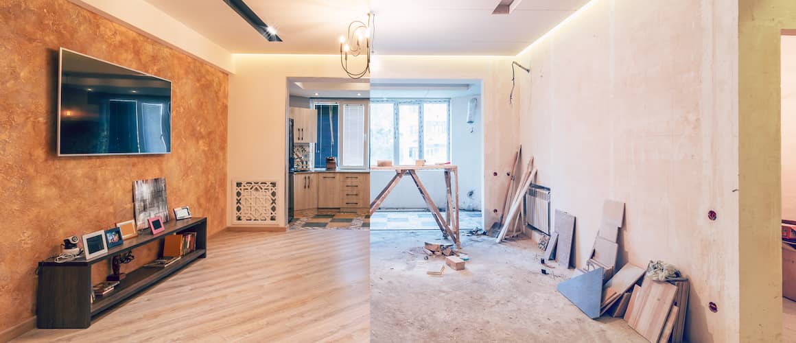 A before and after image of an house which undergone renovation.