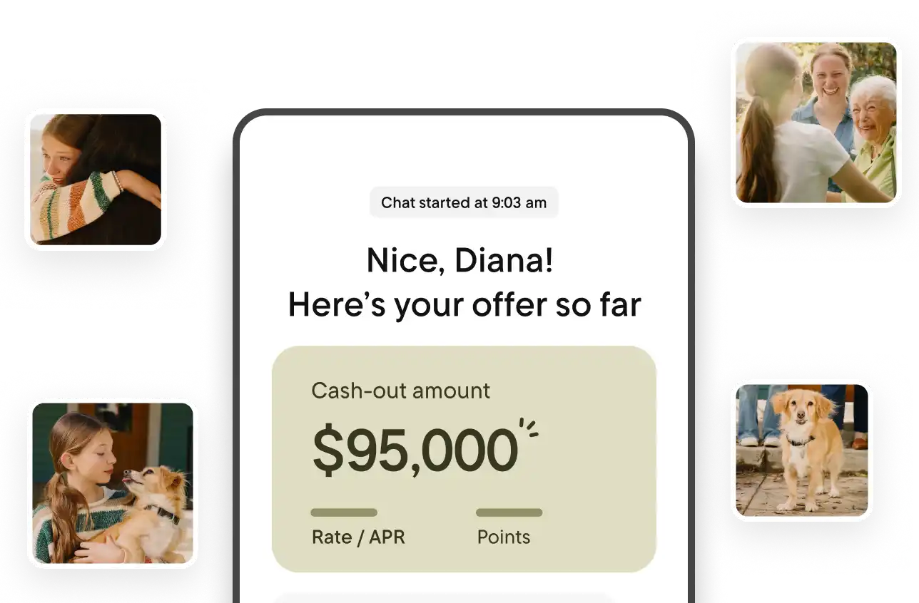 Mockup of a mobile chat screen showing a mortgage offer that reads, “Nice, Diana! Here’s your offer so far,” with a cash-out amount of $95,000, alongside small photos of a family surrounding the screen.