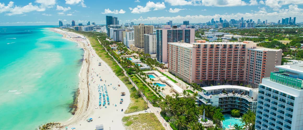 An aerial view of Miami, depicting a cityscape or travel destination.