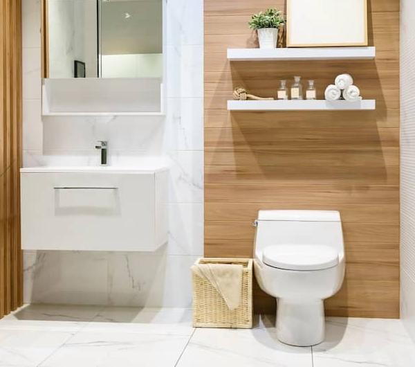 RHB Assets From IGX: Modern bathroom with marble tile and wood panels