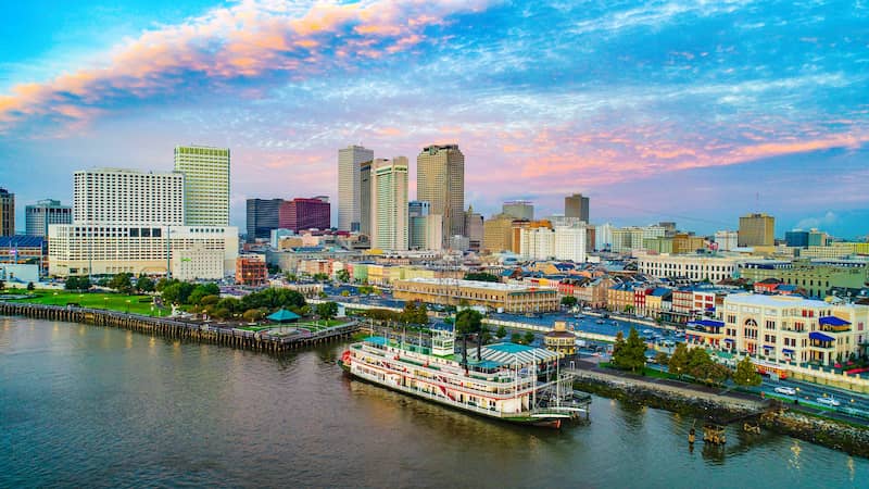 View of New Orleans skyline from water.