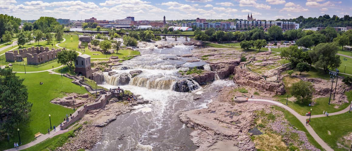 RHB Assets From IGX: Aerial panorama of Sioux Falls, South Dakota and Falls Park