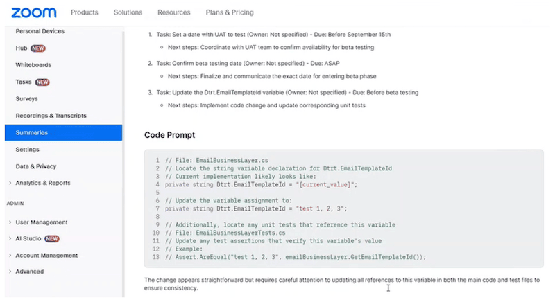 Screenshot of a post meeting zoom generated code prompt.