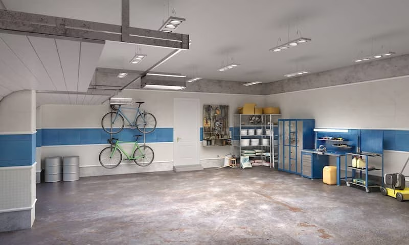 Large garage with bikes and tools.