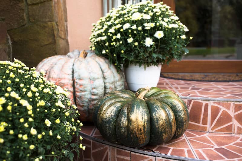 Brick porch decorated with gold and silver painted pumpkins and mums.