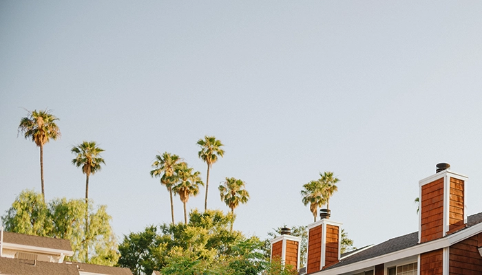 Burnt orange colored condos with white trim and palm trees in the background.
