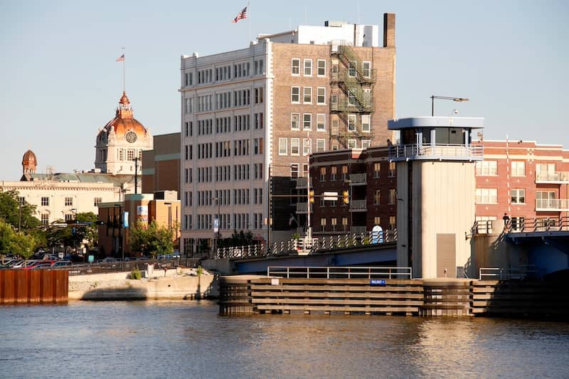 View of Green Bay Wisconsin skyline from water.