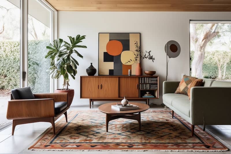 Midcentury modern styled living room featuring wool Turkish rug in warm tones anchoring black leather and wood furniture.