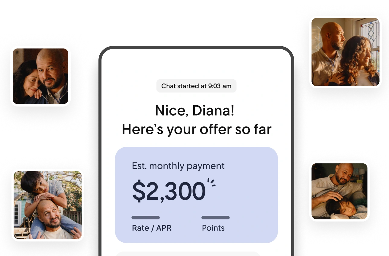 Mockup of a mobile chat screen showing a mortgage offer that reads, “Nice, Diana! Here’s your offer so far,” with an estimated monthly payment of $2,300, alongside small photos of a family surrounding the screen.
