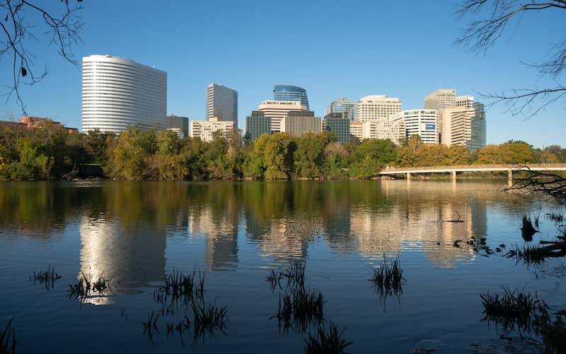 Downtown Alexandria Virginia buildings reflected in the Potomac River. 