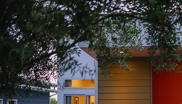 Sage green house with burnt orange door.