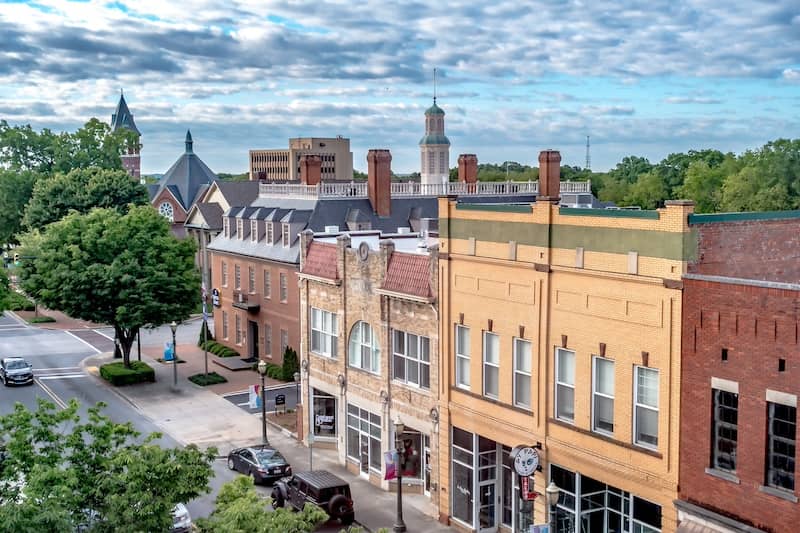 Line of buildings along a street in downtown Rock Hill, South Carolina.