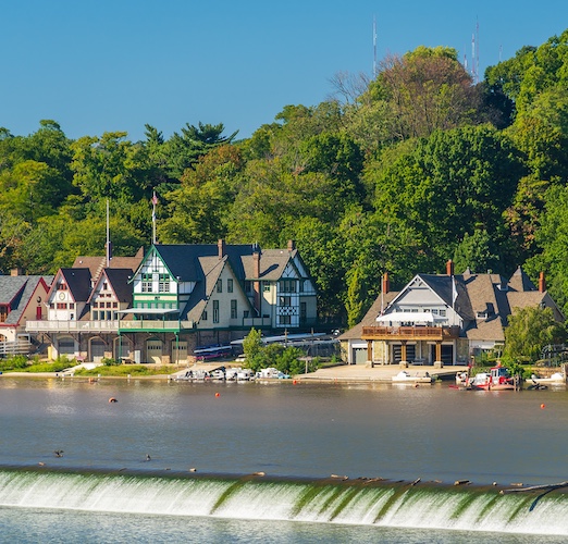 Line of homes along the water in Philadelphia, Pennsylvania.
