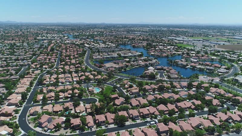 Distant, aerial view of a large suburban neighborhood in Arizona.