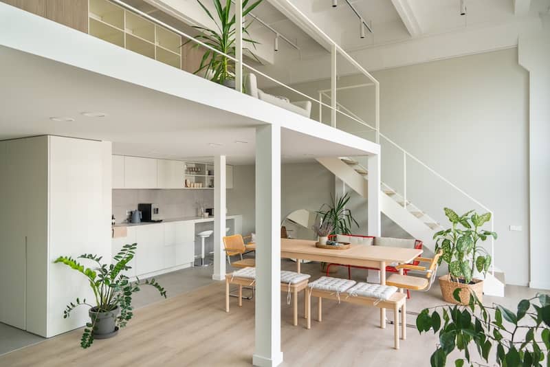 Interior loft with houseplants.