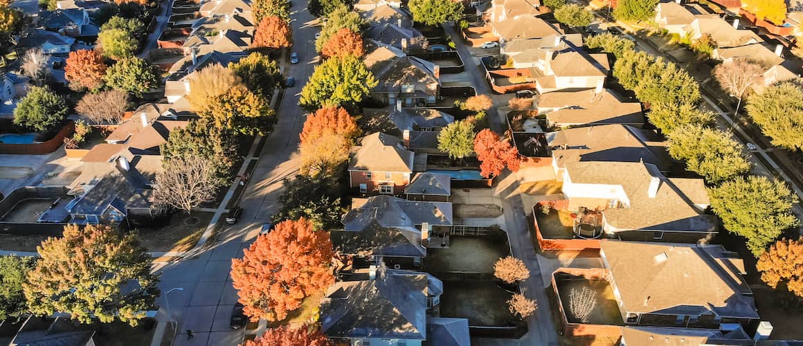 RHB Assets From IGX: Flyover view of Texas with homes and buildings