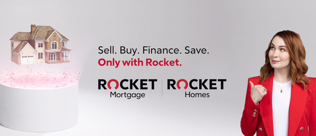 Woman nest to a model home advertising Rocket Buy+ and Sell+.