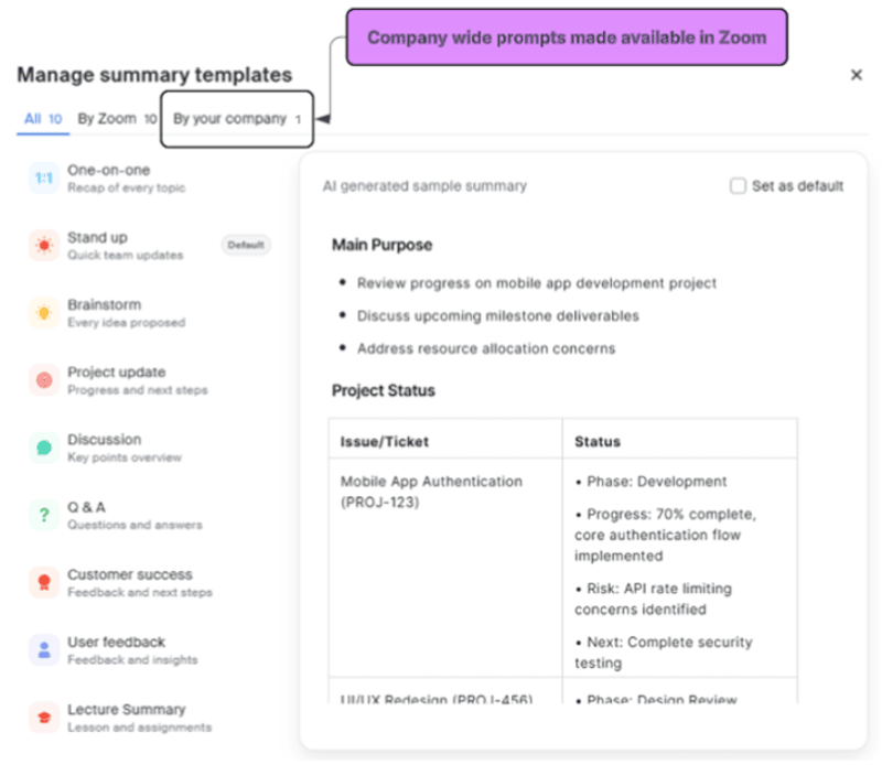 Screenshot of Zoom interface to manage summary templates.