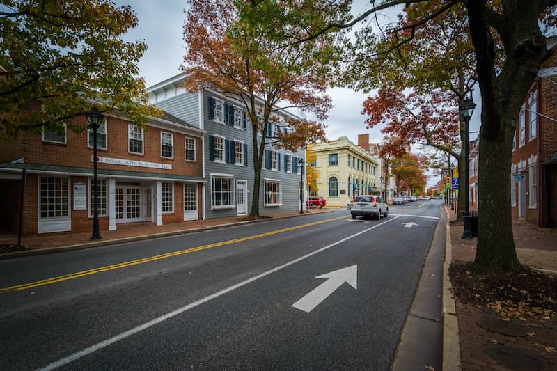 RHB Assets From IGX: Washington Street in downtown Easton, Maryland with historic buildings and a blue sky.