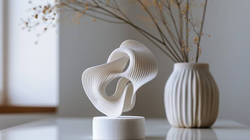 Close up of abstract white sculpture next to ceramic white sculptural vase filled with large natural elements.