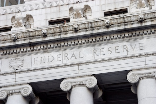Close up of the Federal Reserve building.