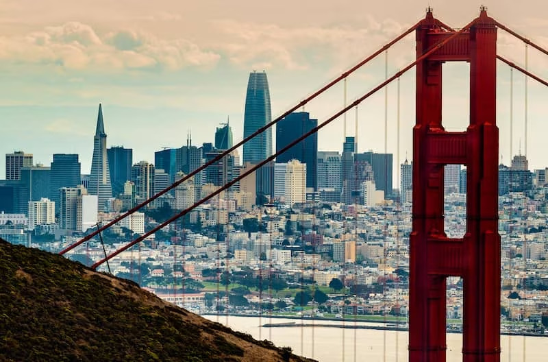 Cityscape of San Francisco, California, with the Golden Gate bridge in the forefront.