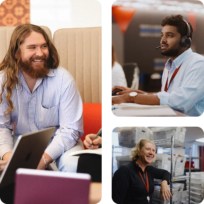 A collage of three workplace scenes. On the left, two individuals walk down a staircase—one holding a coffee cup, the other carrying a notebook. In the top right, a person wearing a headset works at a computer station with multiple monitors. In the bottom right, four people sit around a table engaged in discussion, with one using a laptop.