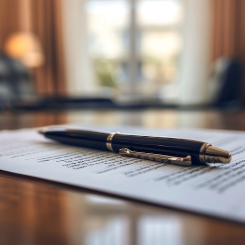 Pen on paperwork on desk.