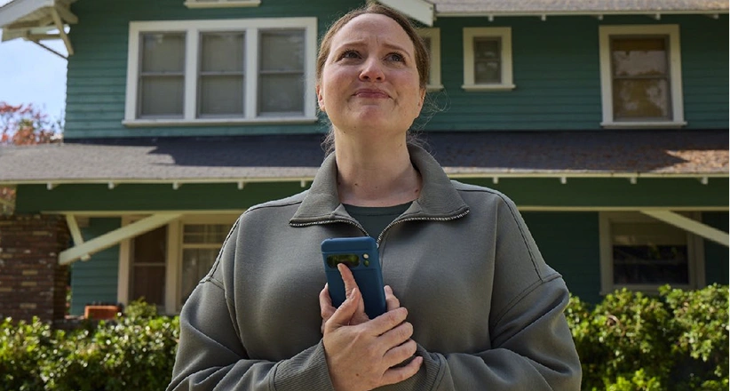A woman stands outside holding a phone in front of her house