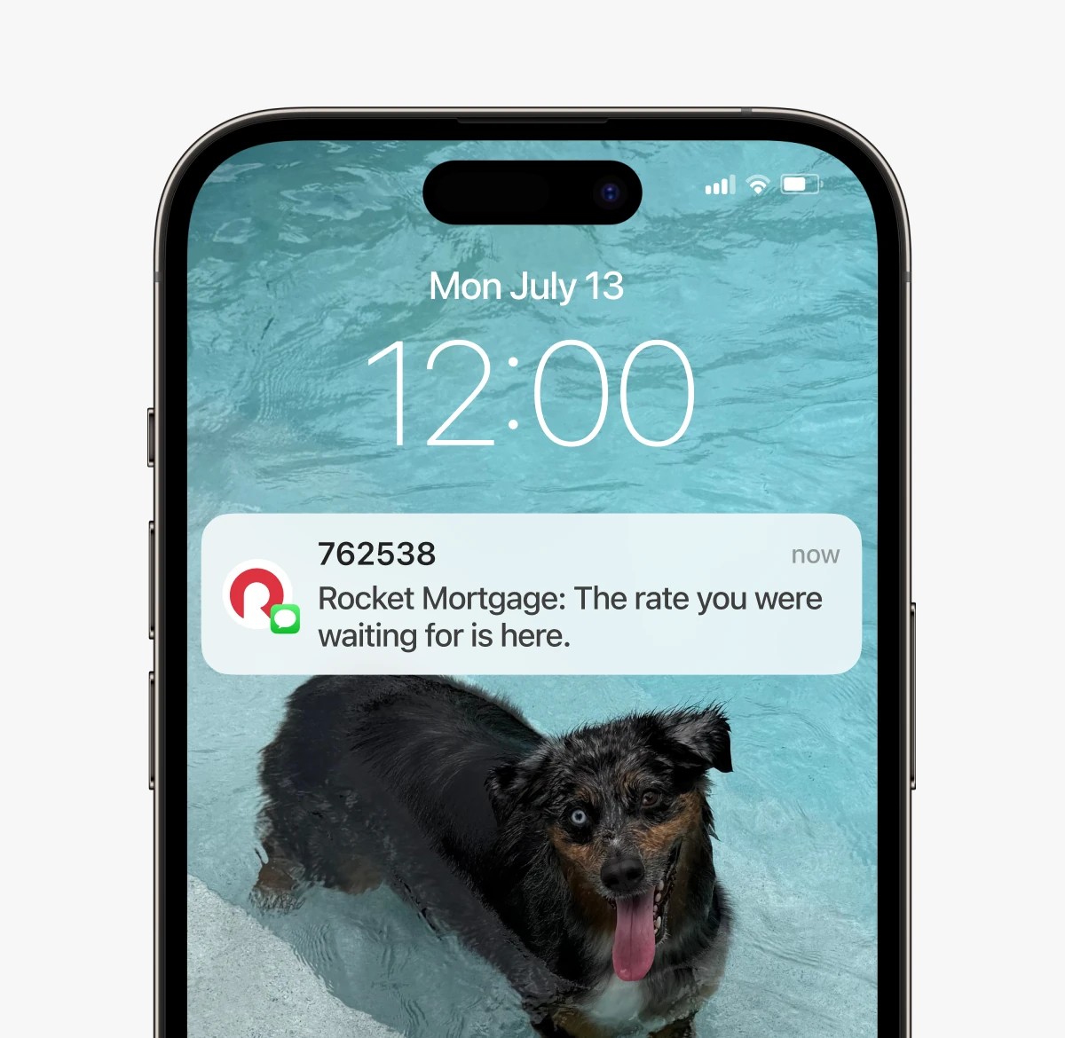 Smartphone lock screen showing a Rocket Mortgage text notification that reads, “The rate you were waiting for is here.”