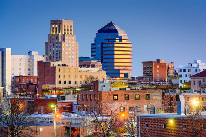 Downtown Durham, North Carolina in a setting sun. 