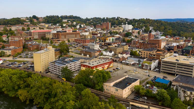 RHB Assets From IGX: Aerial view of downtown Morgantown West Virginia