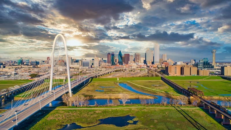 Distant view of the bridge and city in Dallas, Texas.