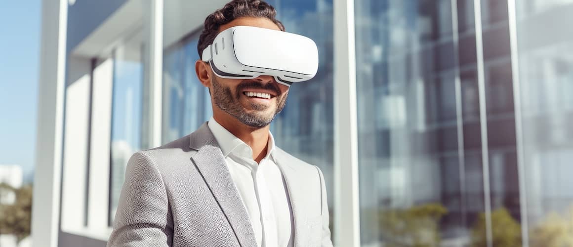 Real estate agent giving virtual tours of properties using advanced VR glasses.