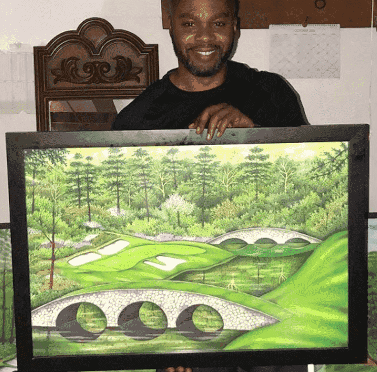 One of Valentino's drawings of the 12th hole at Augusta, purchased by Michelle Obama as a Christmas gift for her husband Barack.