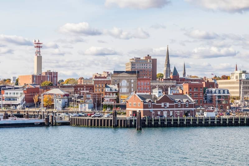 View of buildings in Connecticut along the water.