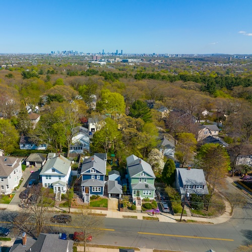 Aerial view of Arlington Heights in Massachusetts with Boston in the background.