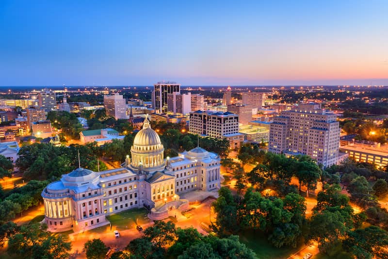 Jackson Mississippi skyline at sunset.