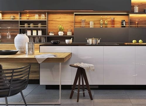 An upscale kitchen with a white island bar and wall shelving, potentially depicting interior design or real estate features.