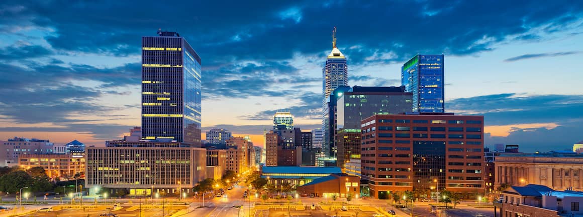 City skyline of Indianapolis at sunset.