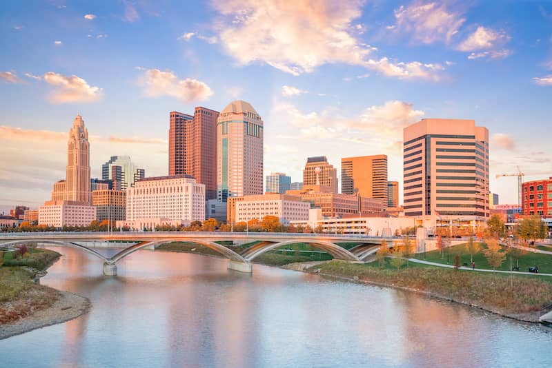 RHB Assets From IGX: Aerial view of Columbus, Ohio featuring urban architecture and green spaces.