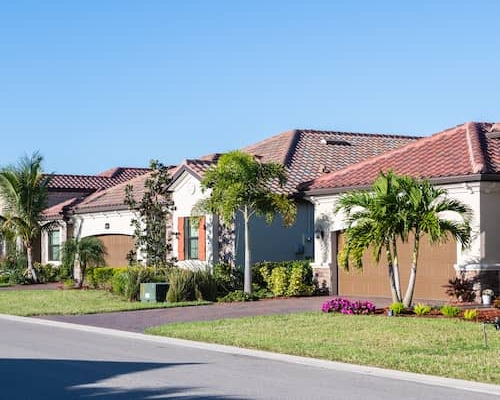 New single family home development with recently planted Palm trees in Bonita Springs Florida.