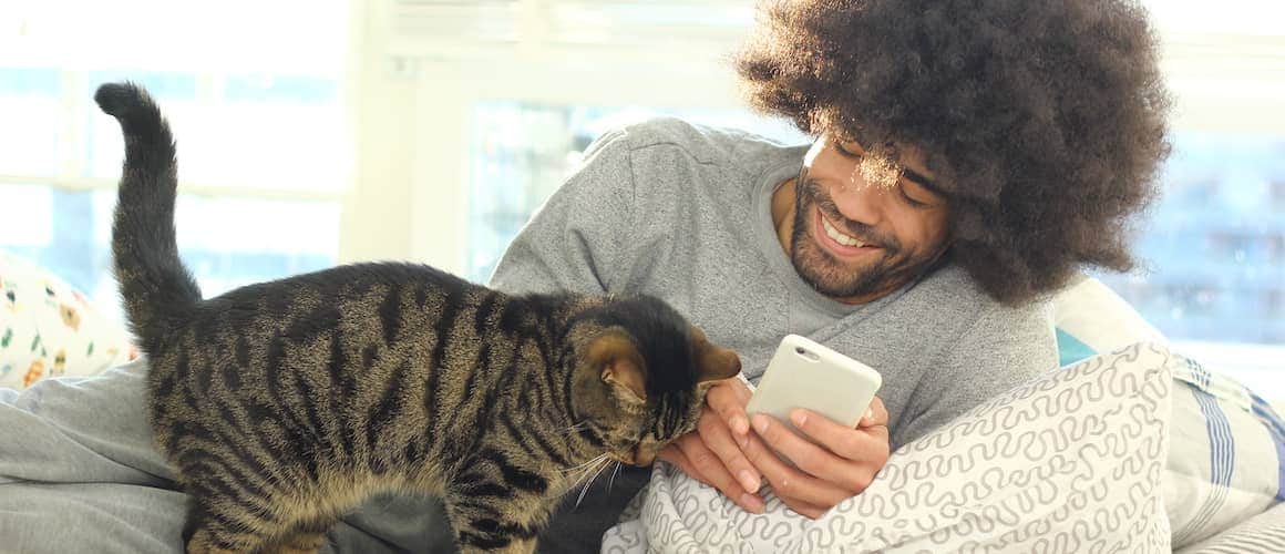 A black man lying down, looking at his phone with a cat beside him.