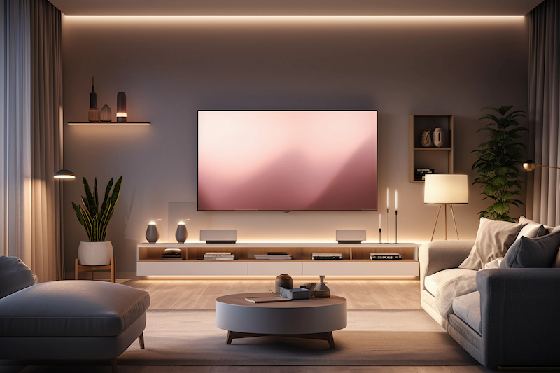 a modern living room illuminated by ambient smart home technology